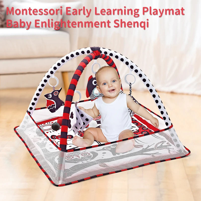 Tapis de jeu bébé – Tapis d’activités avec arche et jouets suspendus pour le développement moteur – 80 × 80 × 50 cm