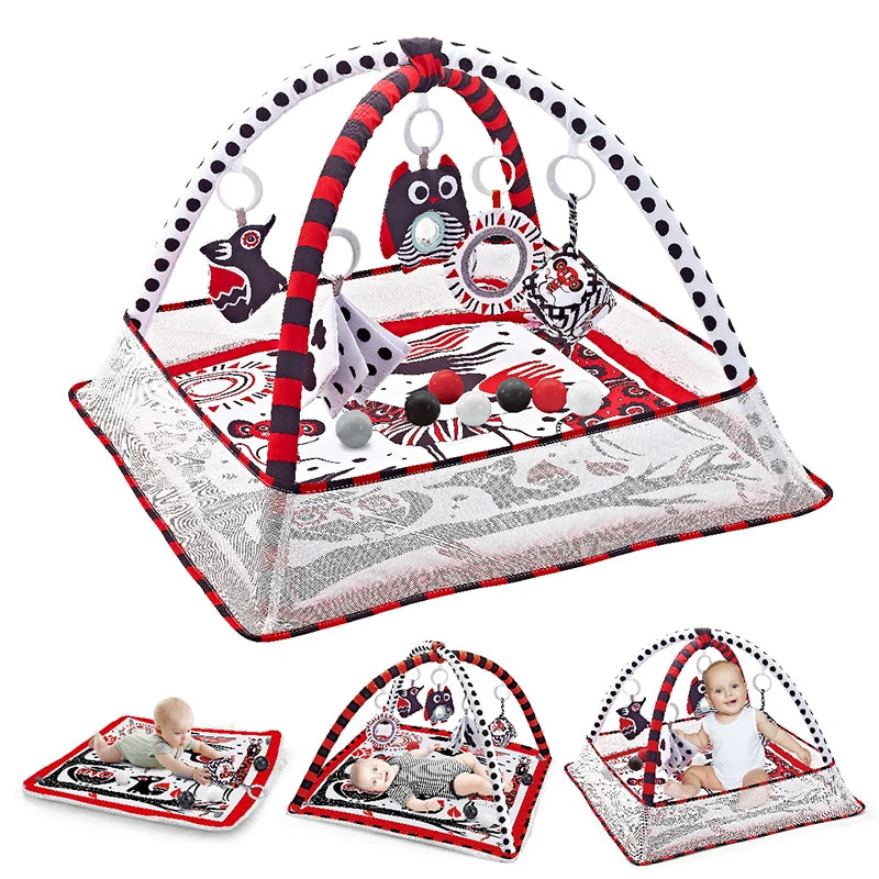 Tapis de jeu bébé – Tapis d’activités avec arche et jouets suspendus pour le développement moteur – 80 × 80 × 50 cm