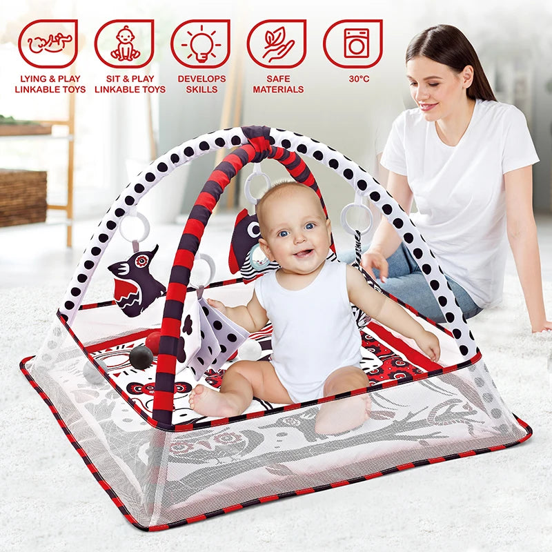 Tapis de jeu bébé – Tapis d’activités avec arche et jouets suspendus pour le développement moteur – 80 × 80 × 50 cm