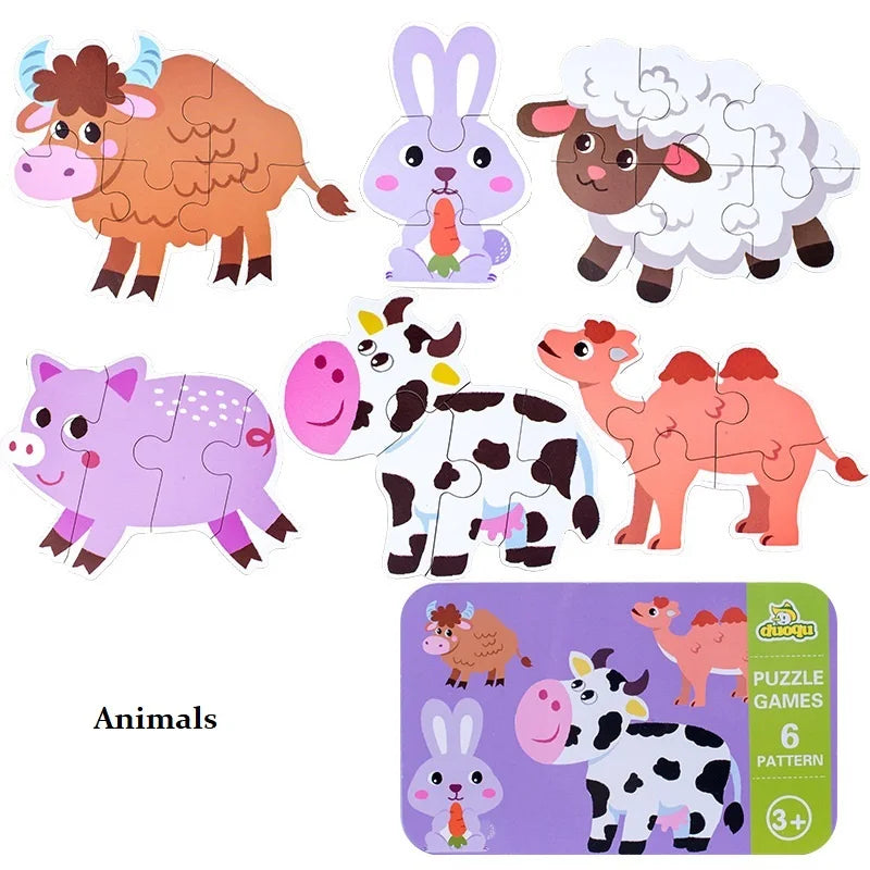 Puzzle en bois 3D Montessori – Jeu éducatif à encastrement avec cartes d’animaux (32 pièces)