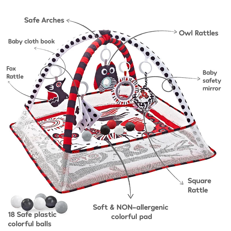 Tapis de jeu bébé – Tapis d’activités avec arche et jouets suspendus pour le développement moteur – 80 × 80 × 50 cm
