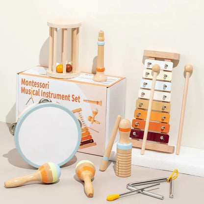 Jouet Musical Bebe – Ensemble d’Instruments en Bois Montessori (Xylophone, Tambour, Maracas)