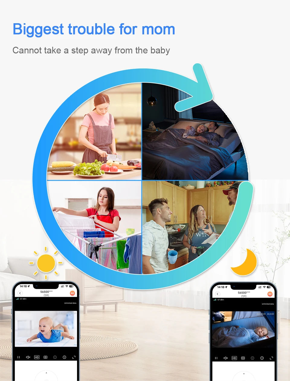 Caméra babyphone WiFi 2K 360° – Vision nocturne couleur & détection de pleurs