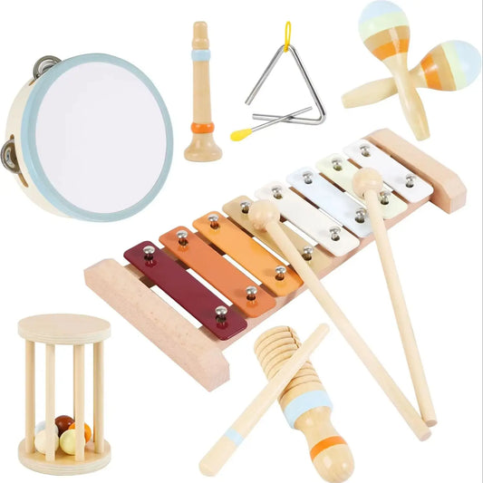 Jouet Musical Bebe – Ensemble d’Instruments en Bois Montessori (Xylophone, Tambour, Maracas)