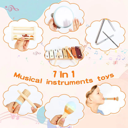 Jouet Musical Bebe – Ensemble d’Instruments en Bois Montessori (Xylophone, Tambour, Maracas)