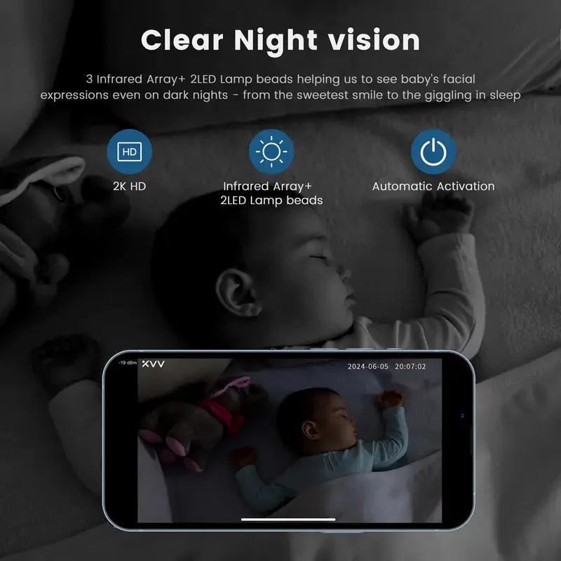 Caméra babyphone WiFi 2K 360° – Vision nocturne couleur & détection de pleurs