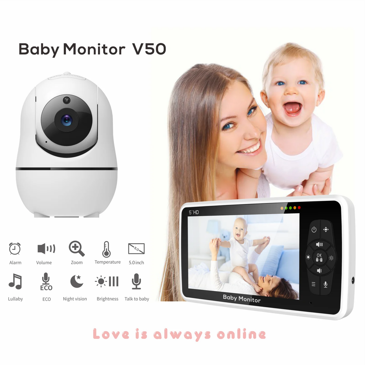 Babyphone vidéo 5" zoom 4x – Batterie 22h, portée 300m, PTZ & vision nocturne