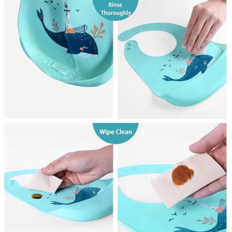 Bavoir silicone bébé impérméable réglable – 5 motifs animaux, sans BPA, 1-3 ans