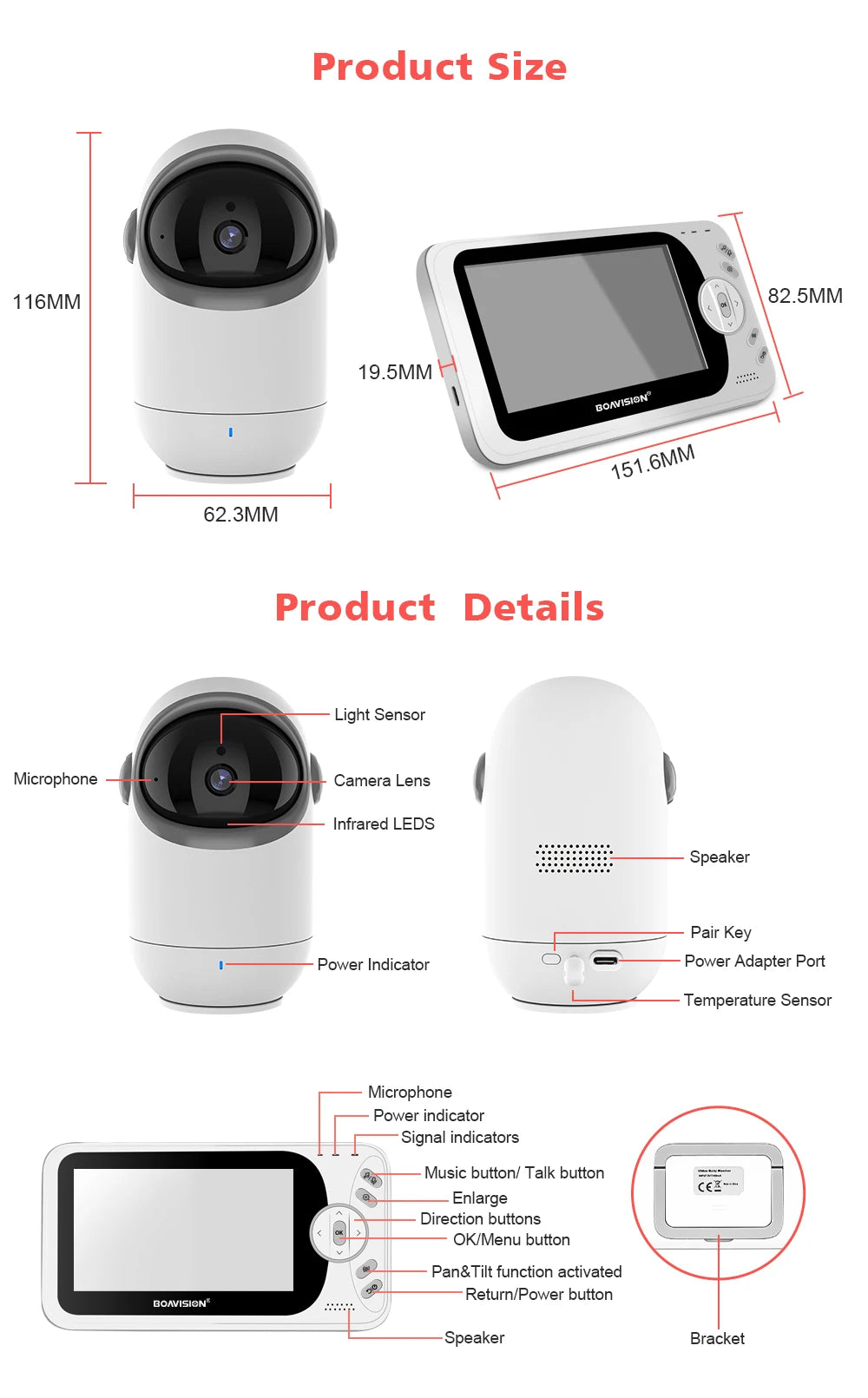 Babyphone vidéo sans WiFi PTZ 4,3" – Audio bidirectionnel, vision nocturne, longue portée