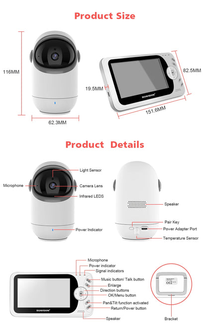 Babyphone vidéo sans WiFi PTZ 4,3" – Audio bidirectionnel, vision nocturne, longue portée