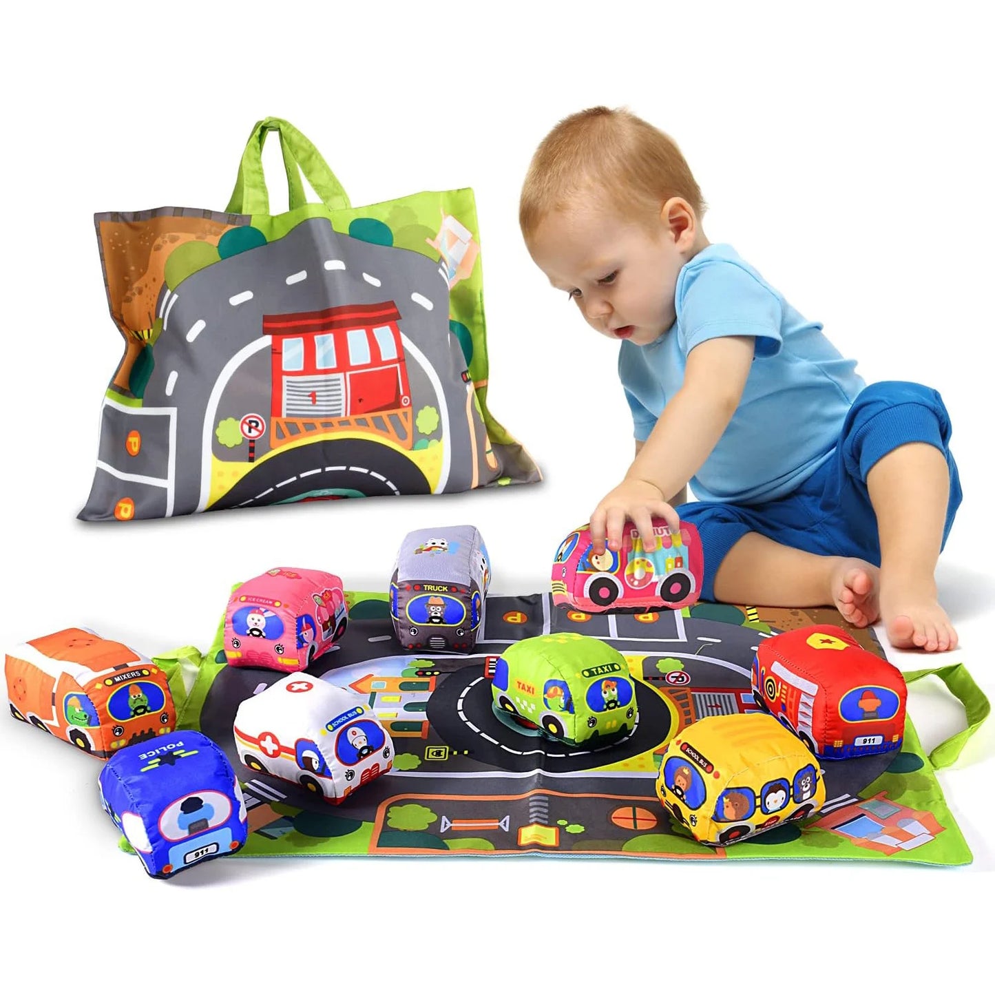 Tapis de jeu voiture Montessori – Tapis sensoriel avec 9 véhicules en tissu pour bébé