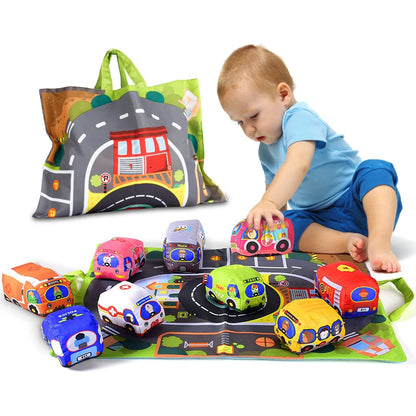 Tapis de jeu voiture Montessori – Tapis sensoriel avec 9 véhicules en tissu pour bébé