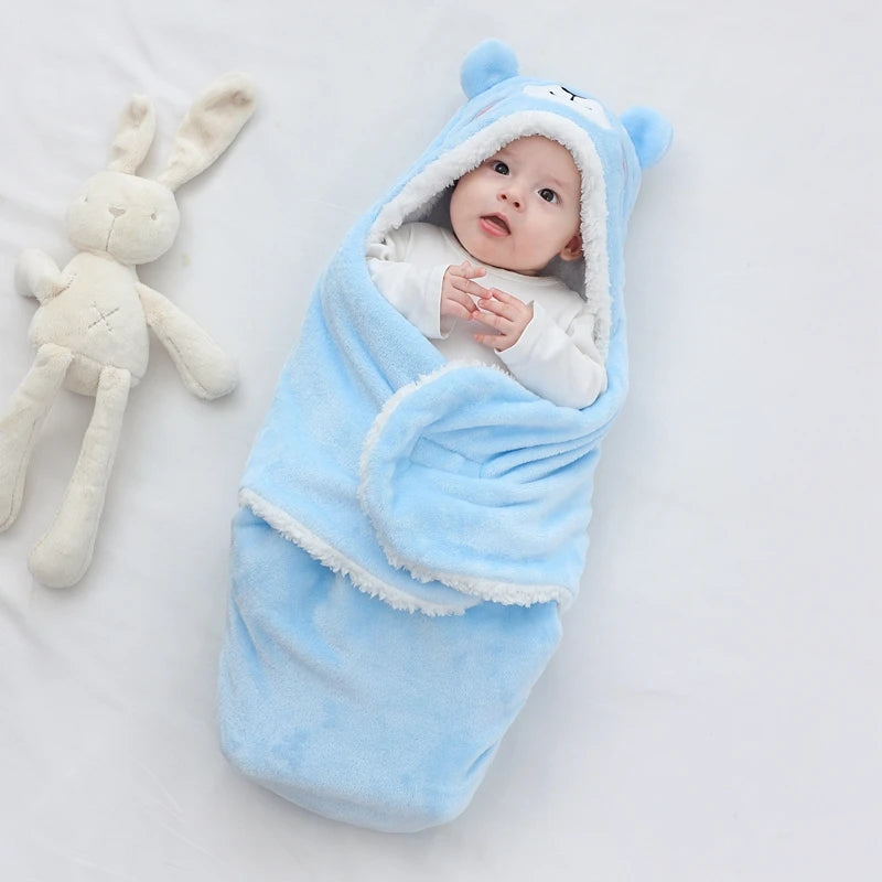 Sac de couchage cocon flanelle bébé – Double couche, motifs animaux mignons, 0-9 mois