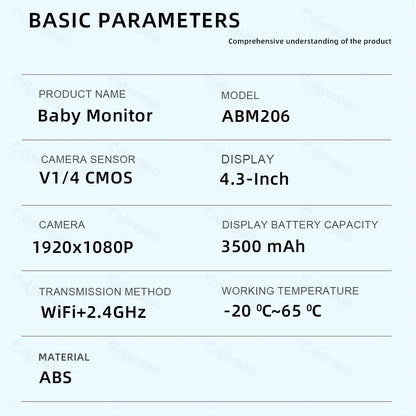 Babyphone vidéo WiFi 1080P – Écran 4,3", vision nocturne, PTZ & app mobile