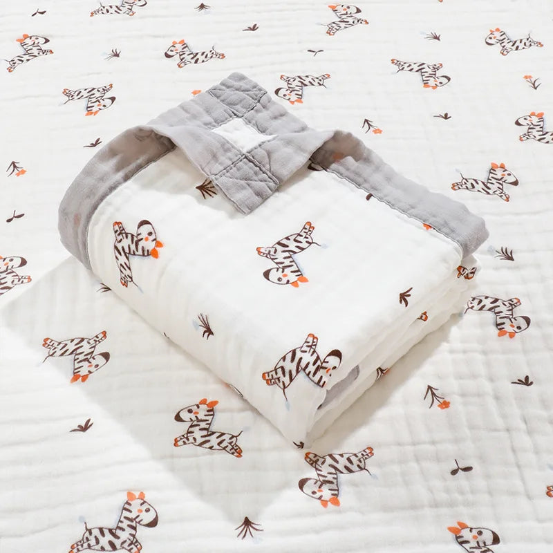 Couverture Gaze Coton Bébé 6 Couches | Lange Mousseline Emmaillotage | Motifs Animaux