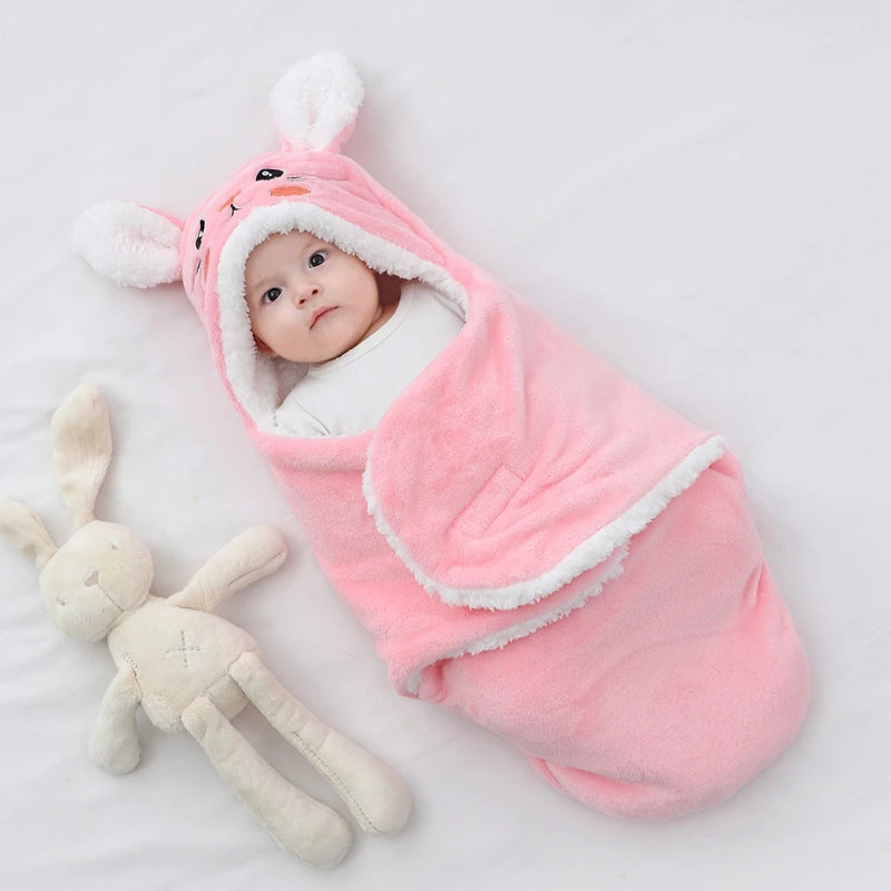 Sac de couchage cocon flanelle bébé – Double couche, motifs animaux mignons, 0-9 mois