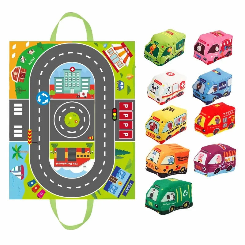 Tapis de jeu voiture Montessori – Tapis sensoriel avec 9 véhicules en tissu pour bébé