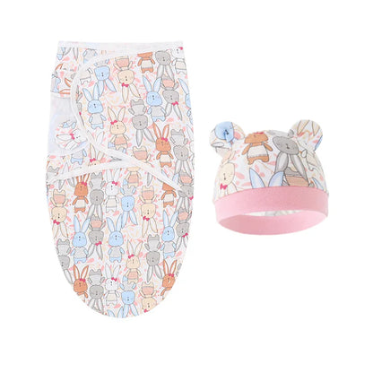 Ensemble Couverture Emmaillotage et Bonnet Bébé 0-6 mois | Coton Doux | Imprimé Cartoon | Toutes Saisons
