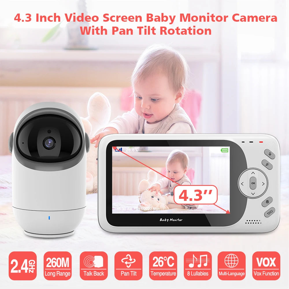 Babyphone vidéo sans WiFi PTZ 4,3" – Audio bidirectionnel, vision nocturne, longue portée