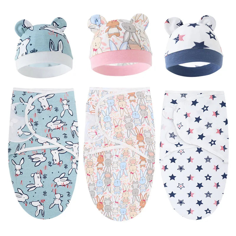 Ensemble emmaillotage bonnet nouveau-né – 100% coton, motifs dessin animé, 0-6 mois