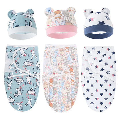 Ensemble Couverture Emmaillotage et Bonnet Bébé 0-6 mois | Coton Doux | Imprimé Cartoon | Toutes Saisons