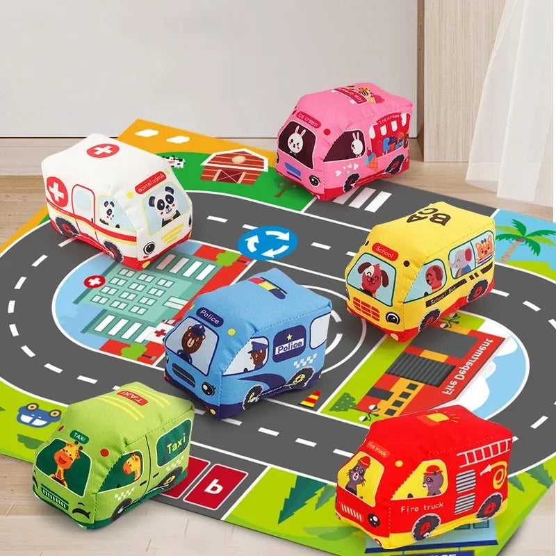 Tapis de jeu voiture Montessori – Tapis sensoriel avec 9 véhicules en tissu pour bébé
