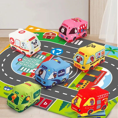 Tapis de jeu voiture Montessori – Tapis sensoriel avec 9 véhicules en tissu pour bébé