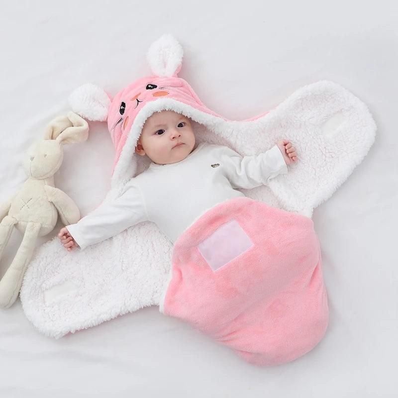 Sac de couchage cocon flanelle bébé – Double couche, motifs animaux mignons, 0-9 mois