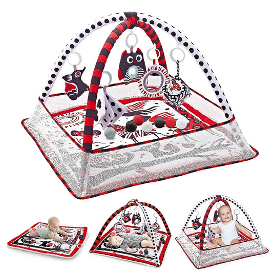 Tapis de jeu bébé – Tapis d’activités avec arche et jouets suspendus pour le développement moteur – 80 × 80 × 50 cm