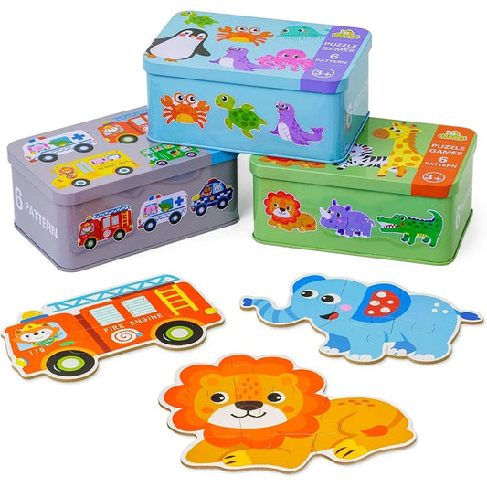 Puzzle en bois 3D Montessori – Jeu éducatif à encastrement avec cartes d’animaux (32 pièces)