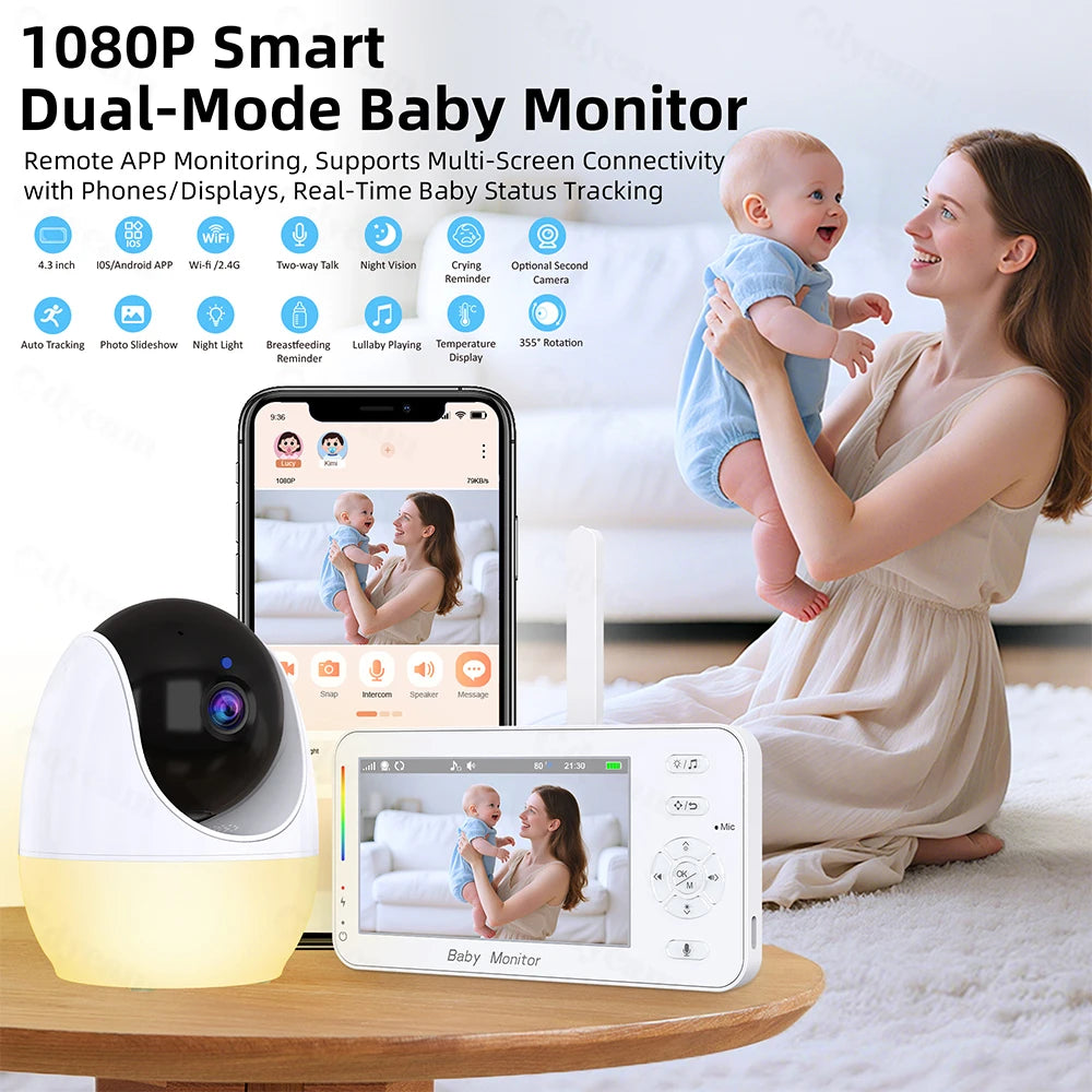 Babyphone vidéo WiFi 1080P – Écran 4,3", vision nocturne, PTZ & app mobile