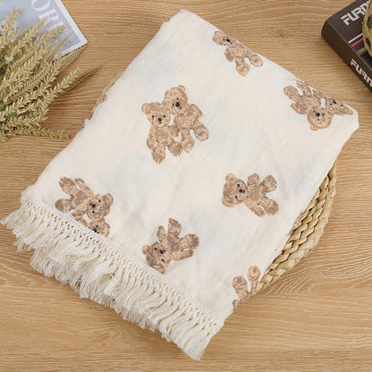 Couverture mousseline bébé – Motif ours mignon, emmaillotage & couète d'été 80x65cm