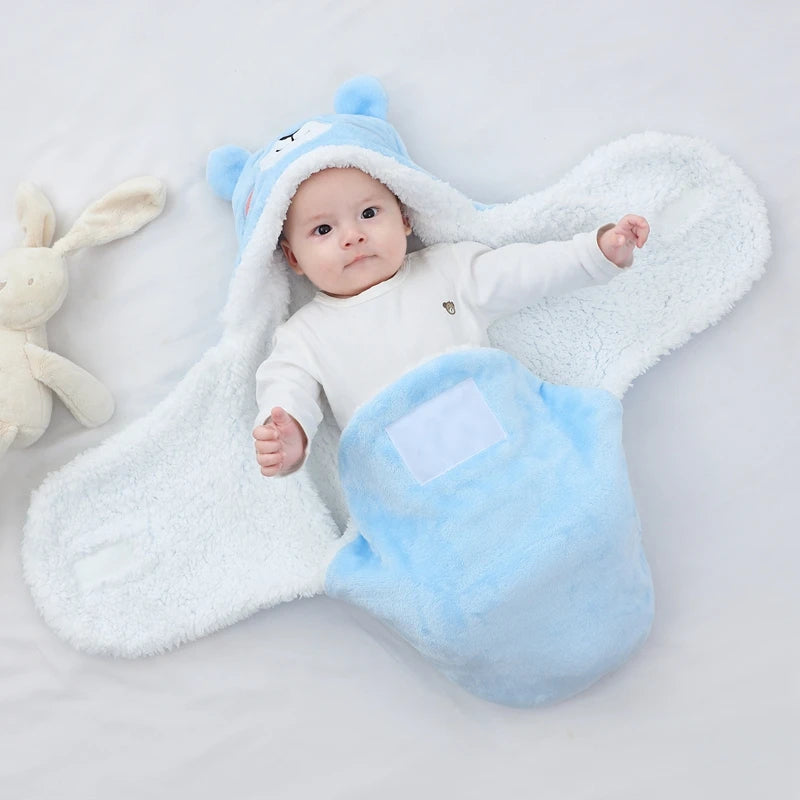Sac de couchage cocon flanelle bébé – Double couche, motifs animaux mignons, 0-9 mois