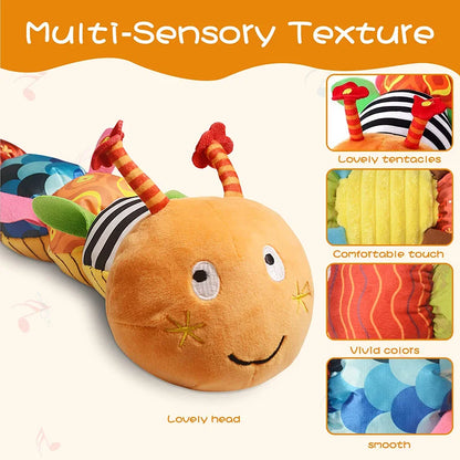 Jouet sensoriel bébé – Chenille musicale en peluche douce avec sons et textures