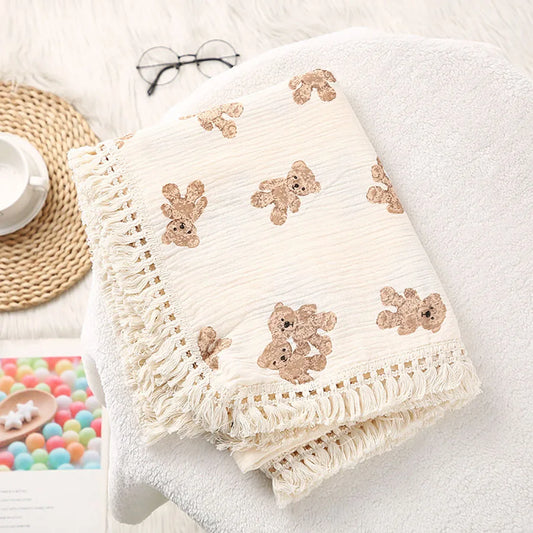 Couverture mousseline bébé – Motif ours mignon, emmaillotage & couète d'été 80x65cm