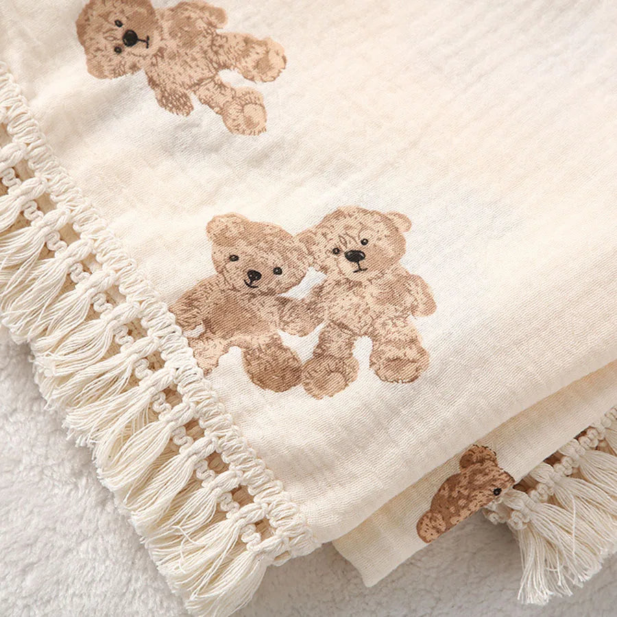 Couverture mousseline bébé – Motif ours mignon, emmaillotage & couète d'été 80x65cm