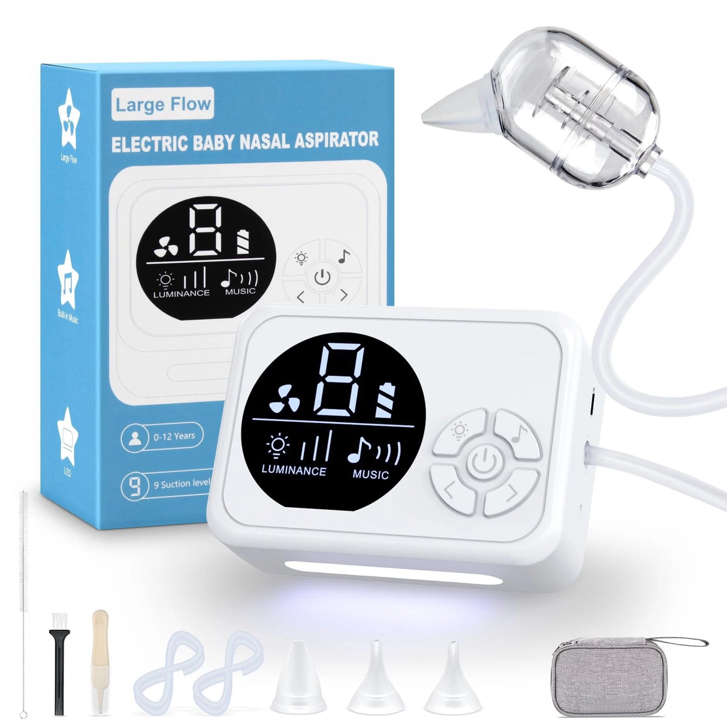 Aspirateur nasal bébé électrique premium – Musique intégrée, veilleuse & 9 niveaux d'aspiration
