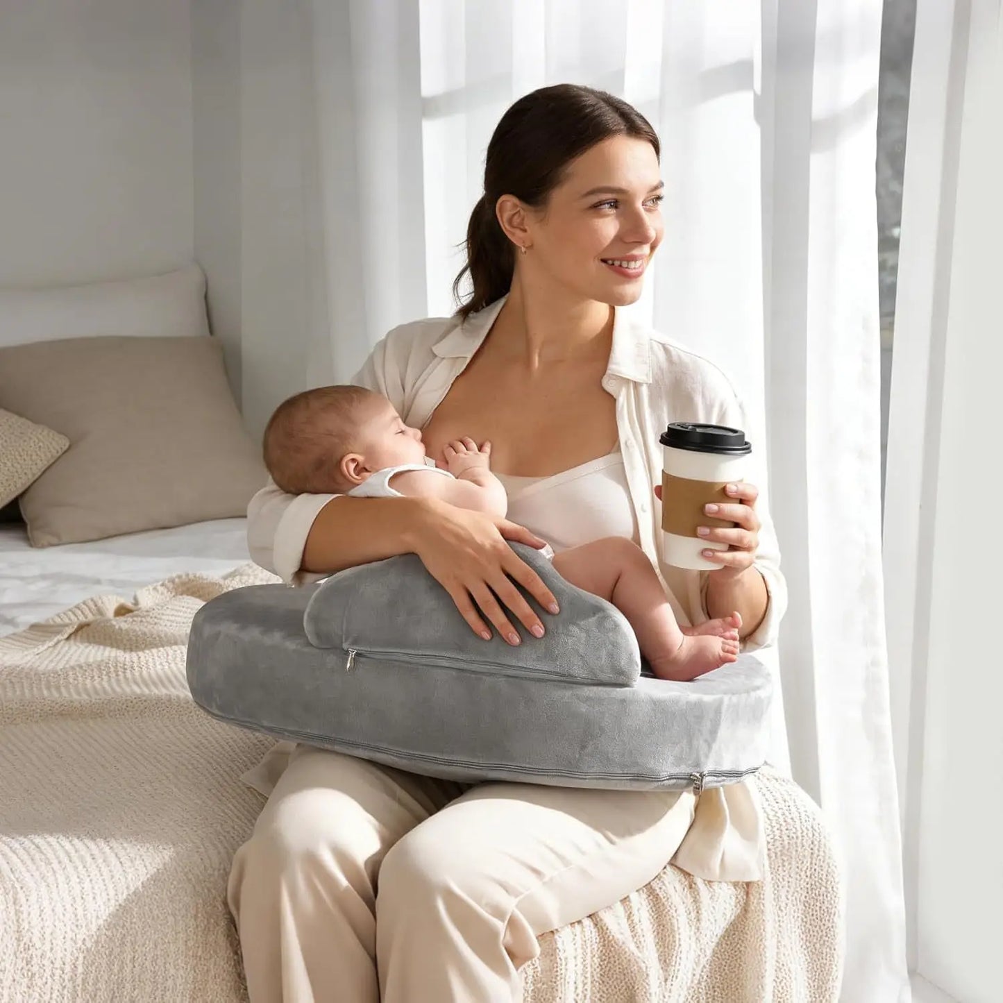 Coussin d'allaitement mousse mémoire de forme – Support lombaire & housse amovible lavable