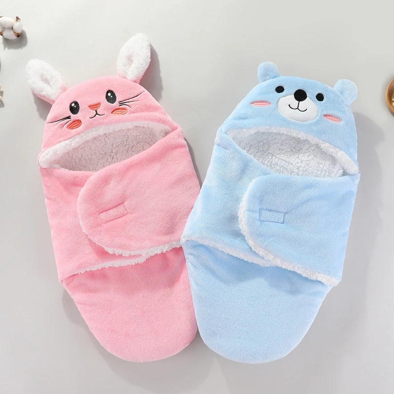 Sac de couchage cocon flanelle bébé – Double couche, motifs animaux mignons, 0-9 mois