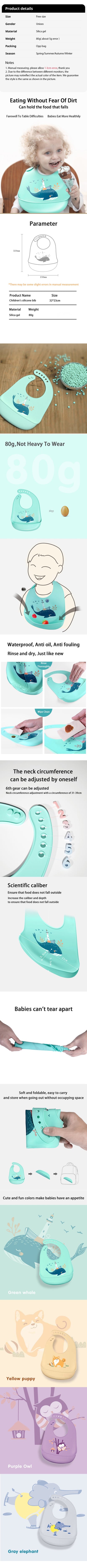 Bavoir silicone bébé impérméable réglable – 5 motifs animaux, sans BPA, 1-3 ans