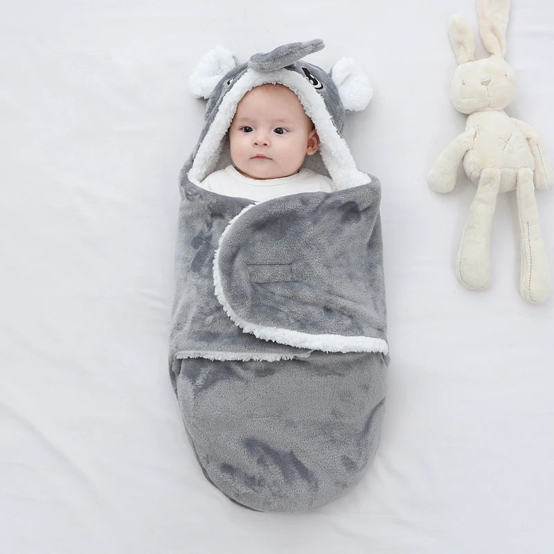 Sac de couchage cocon flanelle bébé – Double couche, motifs animaux mignons, 0-9 mois